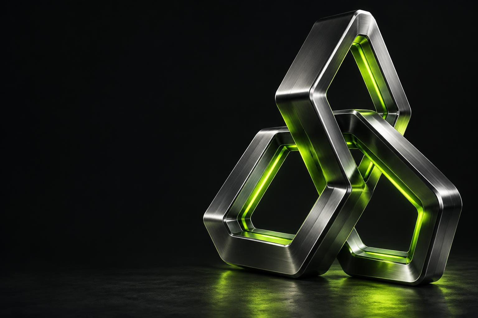 Interconnected chrome launch portals illuminated in electric green